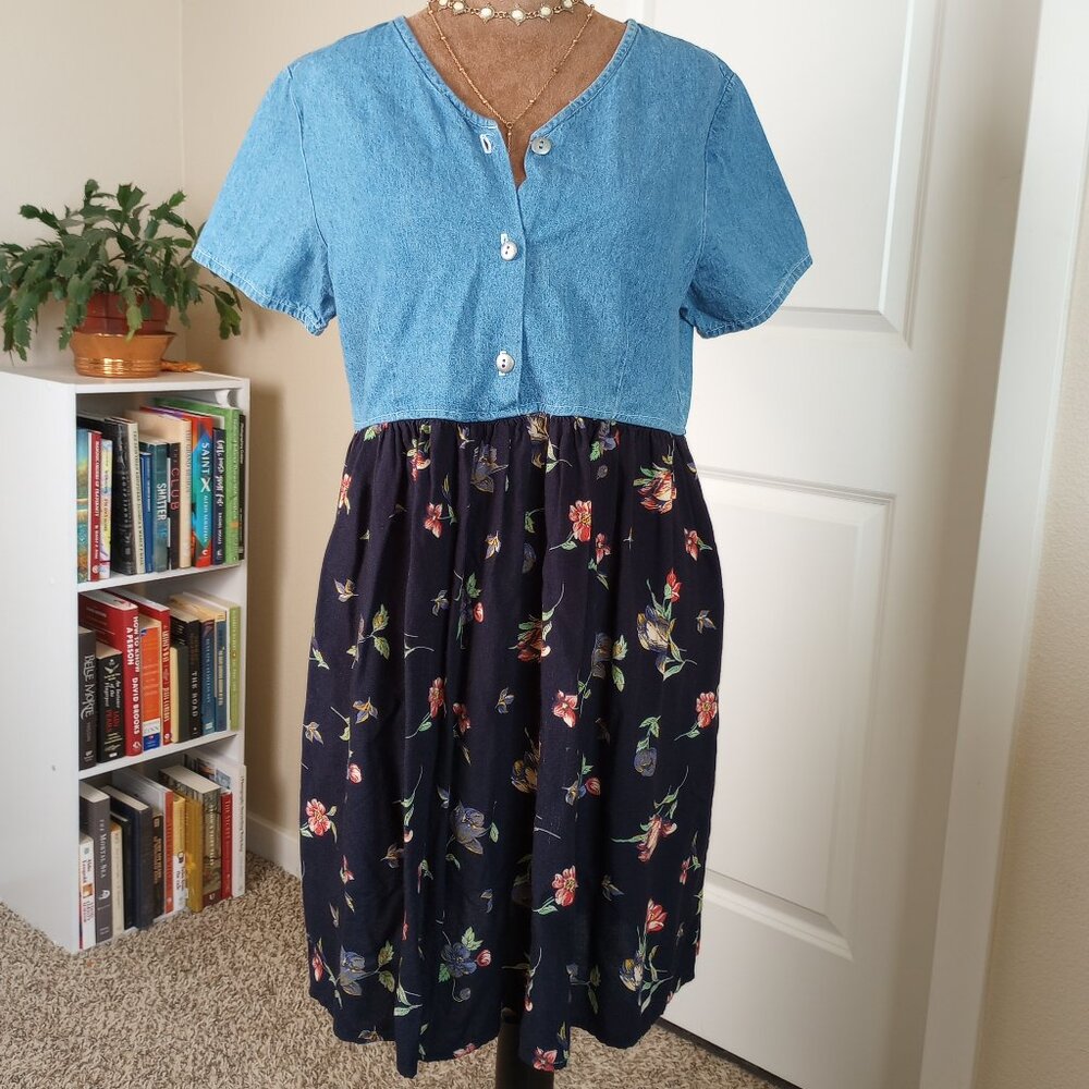 Vintage 90s Made in USA Denim Bodice Floral Dress Cottagecore Boho Prairie